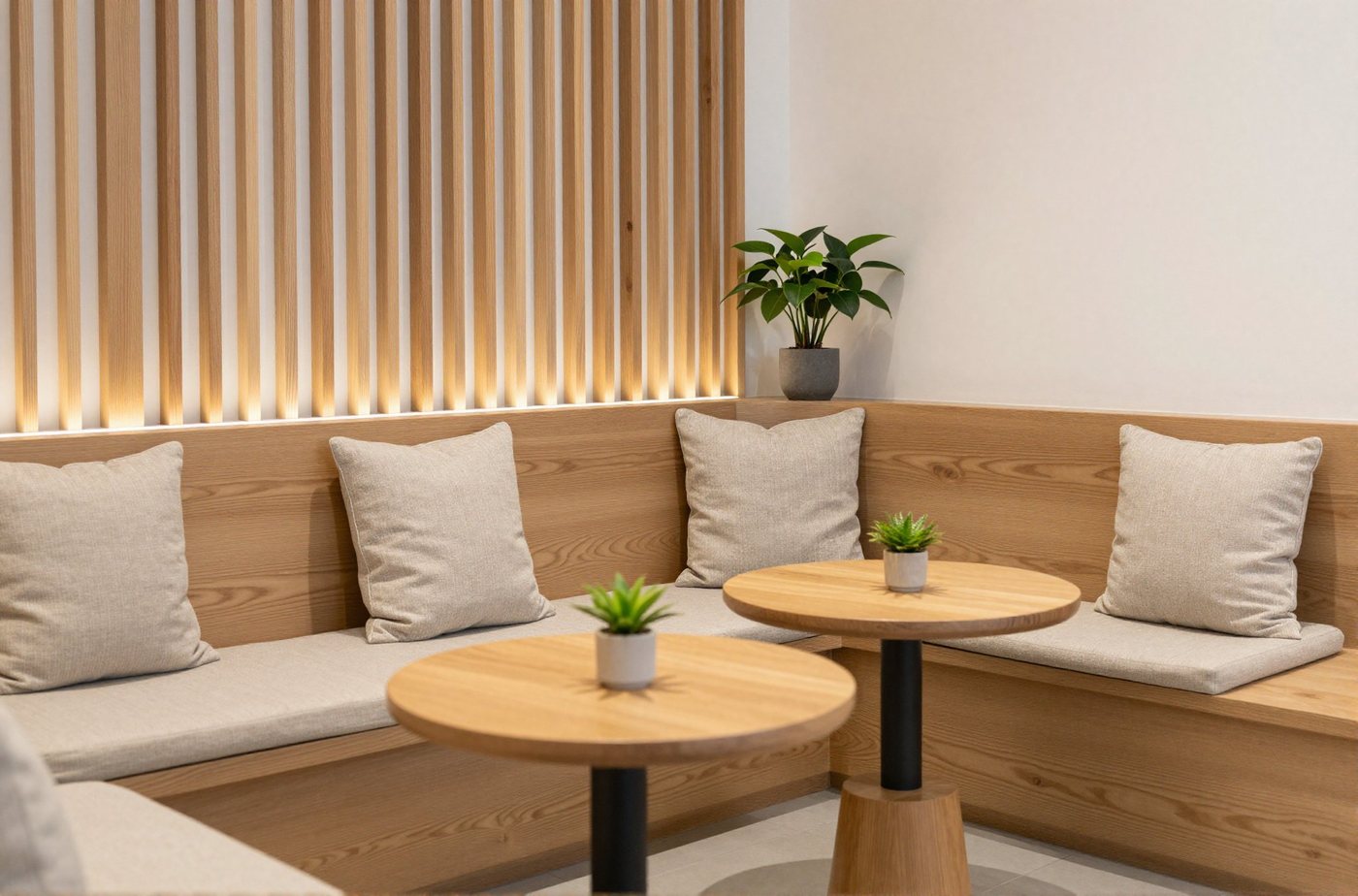Hotel public seating — oak tables and linen upholstery against a timber slat wall