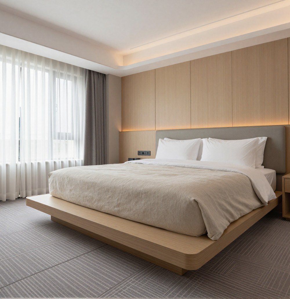 Guestroom with broadloom carpet laid