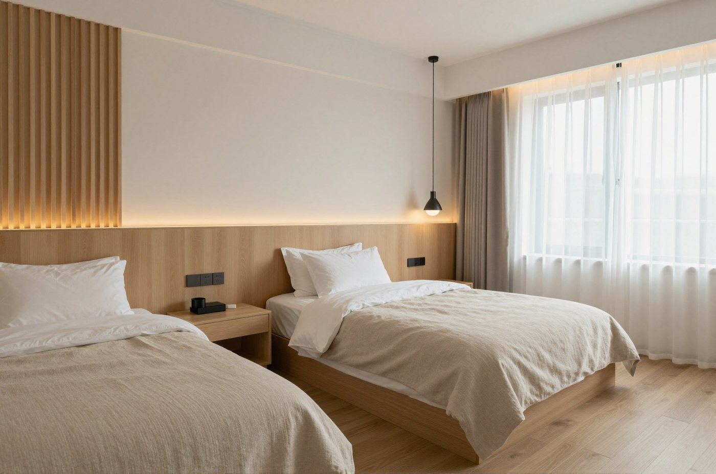 Twin guestroom — oak headboard wall, linen bedding, cove lighting