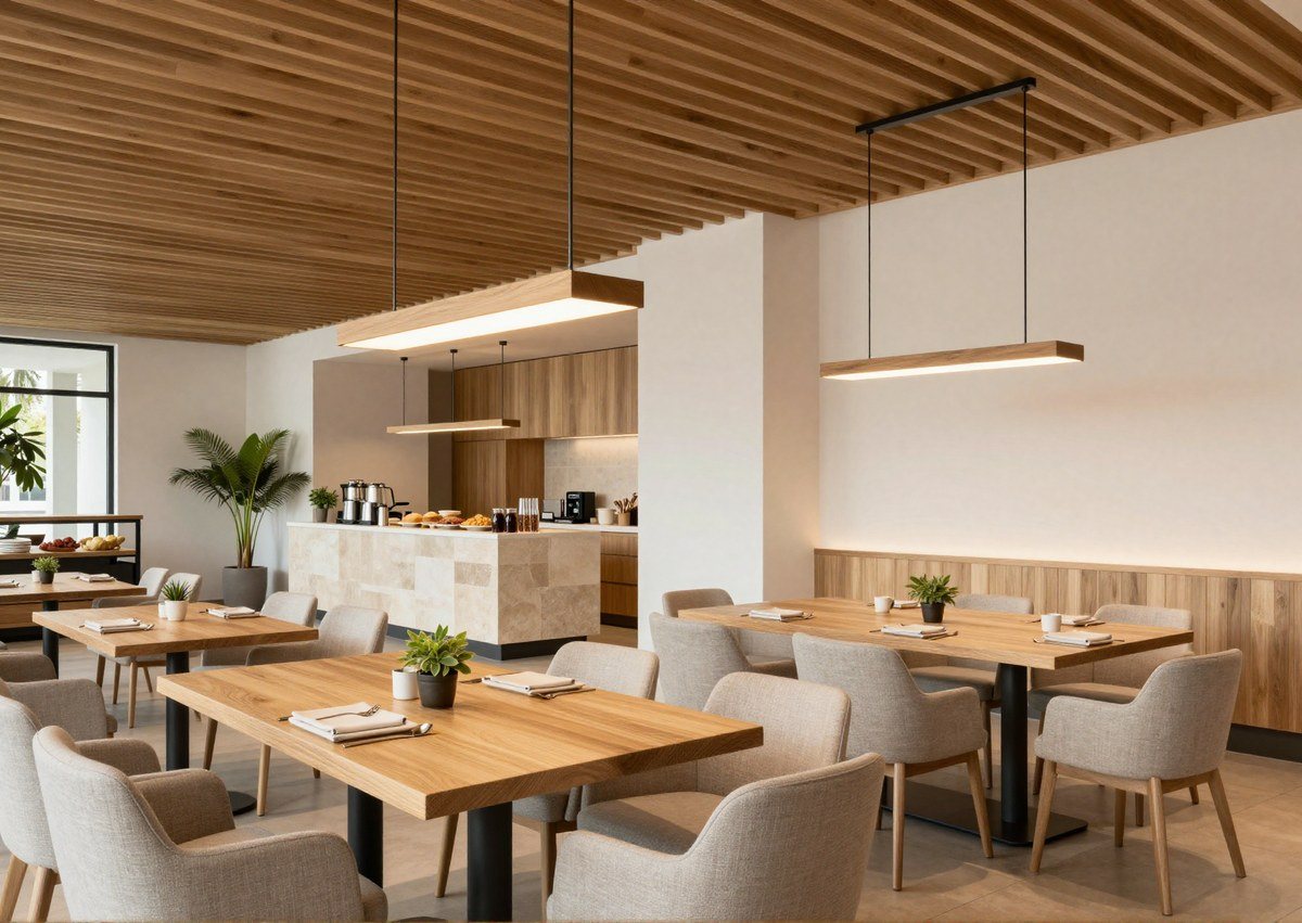Breakfast area — oak tables, linen seating, slat ceiling