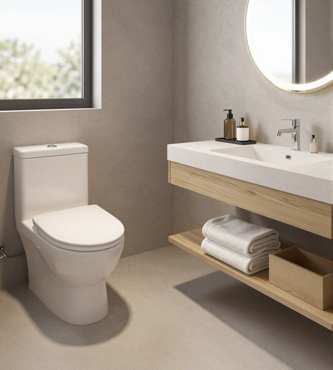 Guest bathroom — one-piece WC, vanity and backlit mirror