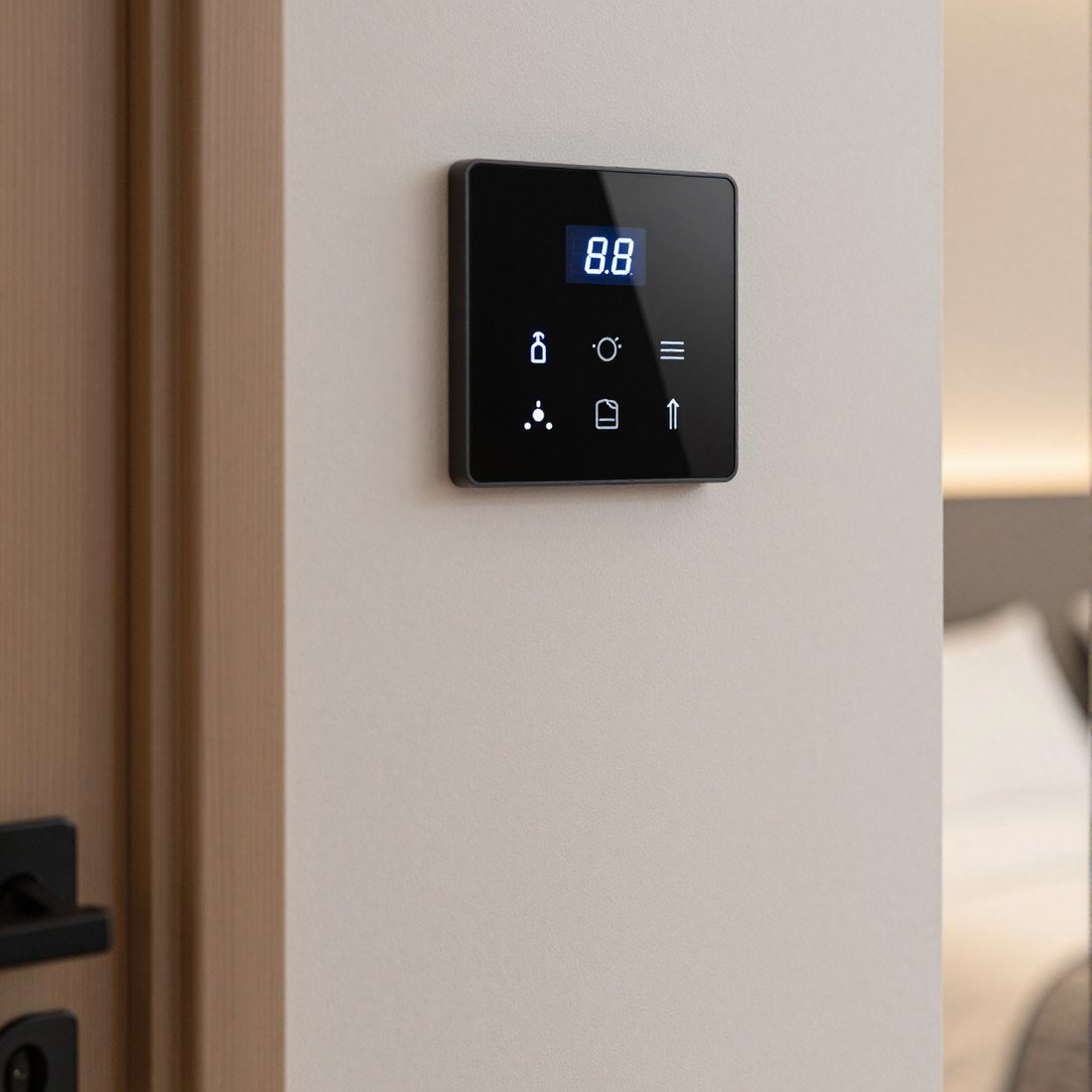 Guest room entrance — smart switch panel with a temperature display